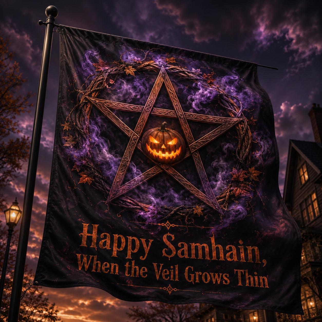 Samhain Veil Pentacle house flag mockup hanging outdoors as Halloween decor