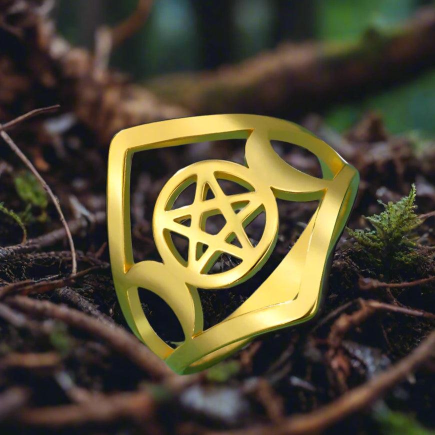 Triple Moon Goddess Ring Mythology Wicca Pentagram Ring Protection Witch Jewelry-MoonChildWorld
