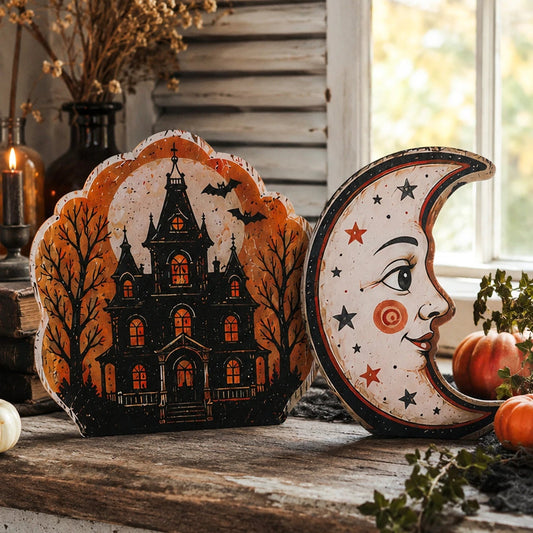 Retro Halloween Table Sign, Ghost Bat Moon Haunted House Decor, product view 6 of 19