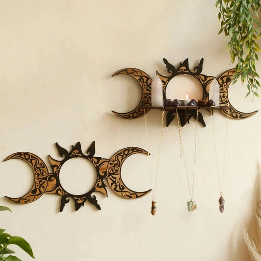 Triple Moon Sun Wall Shelf Crystal Wicca Wooden Shelf-MoonChildWorld