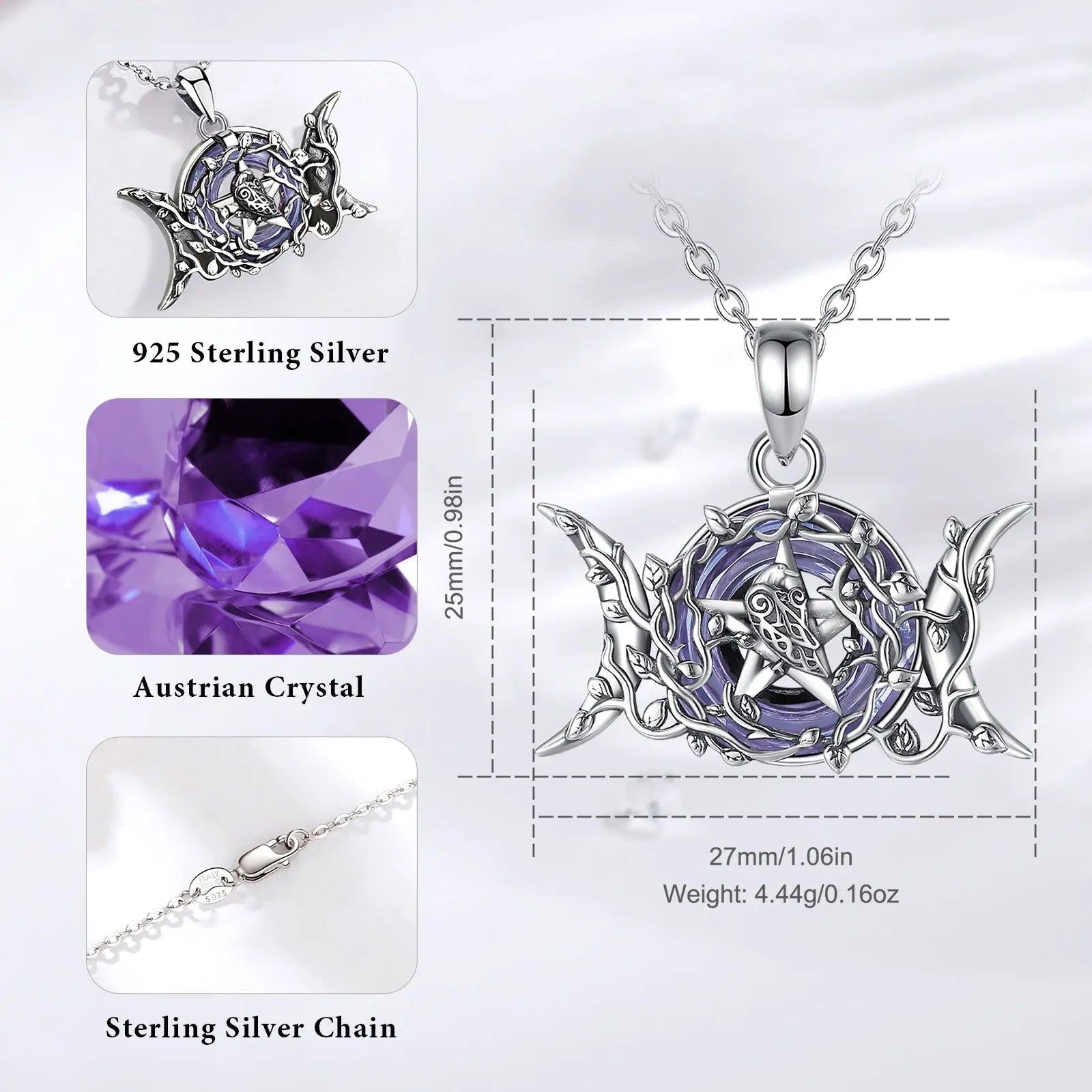 Triple Moon Goddess Necklace Purple Crystal Wiccan Moon Necklace 925 Silver Pagan Jewelry-MoonChildWorld