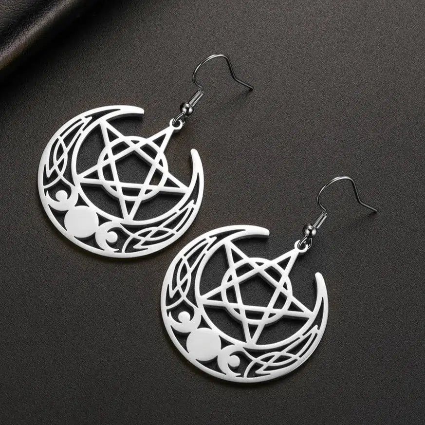 Triple Moon Goddess Earrings Crescent Moon Pentacle Witchcraft Jewelry-MoonChildWorld