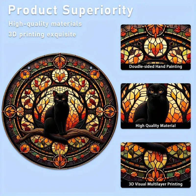 Witchy Black Cat Suncatcher Halloween Gothic Acrylic Round Sign-MoonChildWorld