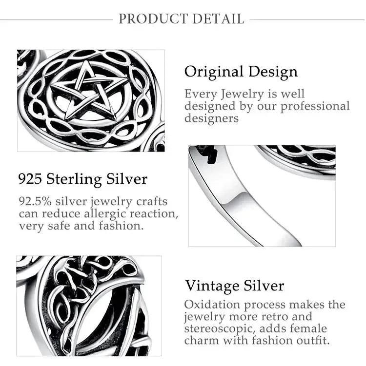 925 Sterling Silver Triple Moon Goddess Pentagram Ring Celtic Knot Adjustable Ring Wicca Pagan Jewelry-MoonChildWorld