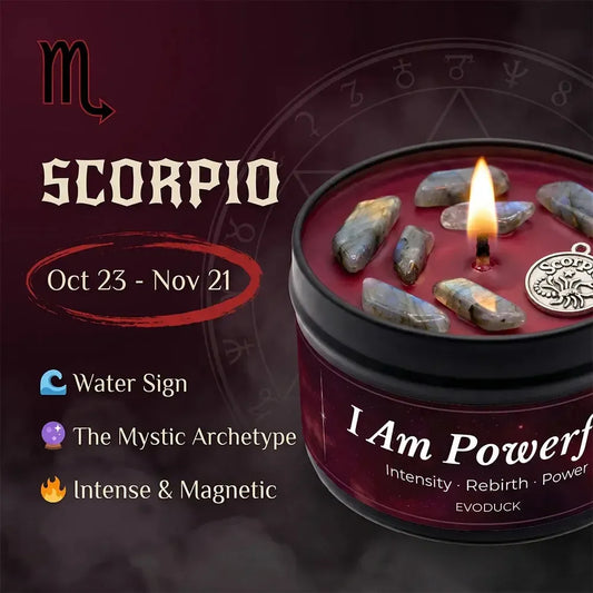 Scorpio Zodiac Candle, Oct 23 to Nov 21, with labradorite crystals in wax - Water Sign, The Mystic Archetype, Intense and Magnetic
