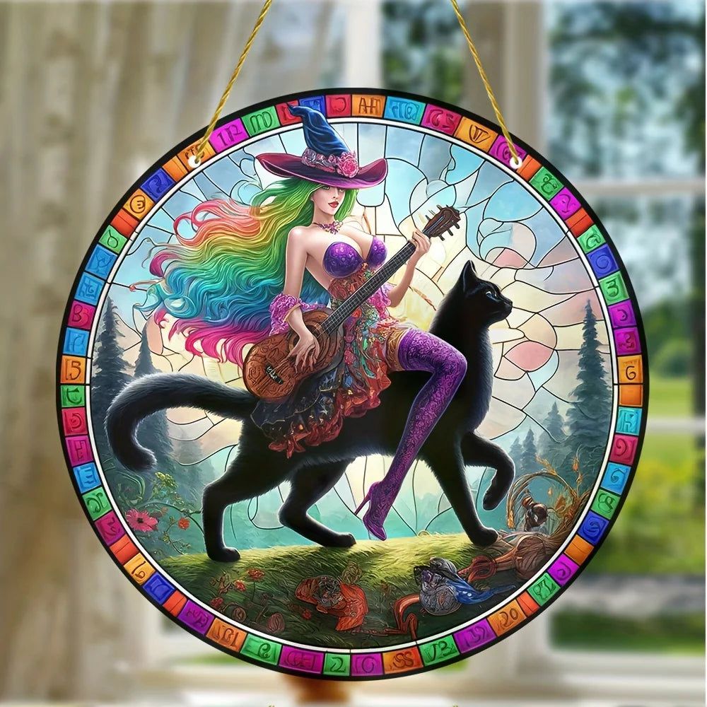 Guitar Witch Suncatcher Enchanting Acrylic Round Sign Witchy Home Decor-MoonChildWorld