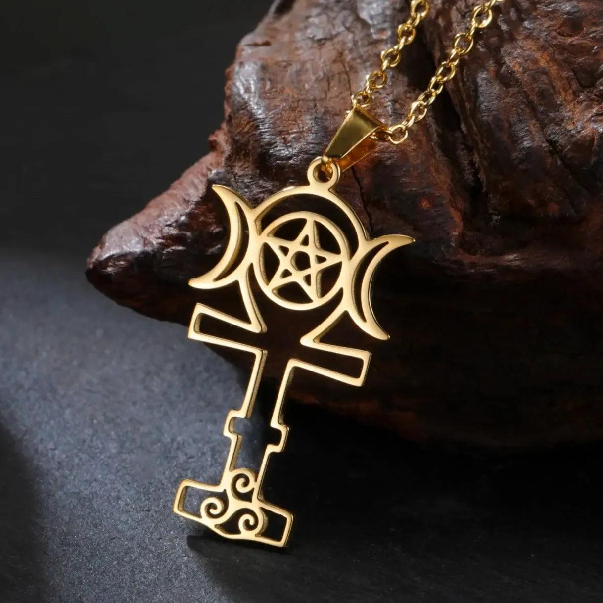 Wicca Triple Moon Goddess Necklace Egyptian Ankh Cross Necklace Wiccan Jewelry-MoonChildWorld