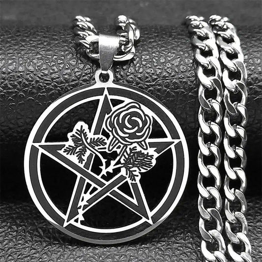 Goth Black Rose Pentacle Necklace Pagan Jewelry