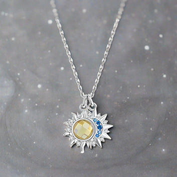 Sun Moon Necklace Blue CZ Yellow Crystal Necklace