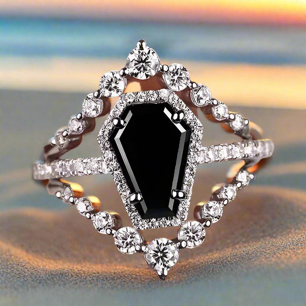 Black Onyx Gemstone Coffin Witch Ring Gothic Jewelry-MoonChildWorld