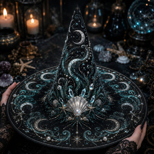 Sea Witch Hat – Moon Tides Celestial Pagan Wide Brim Hat – held in both hands