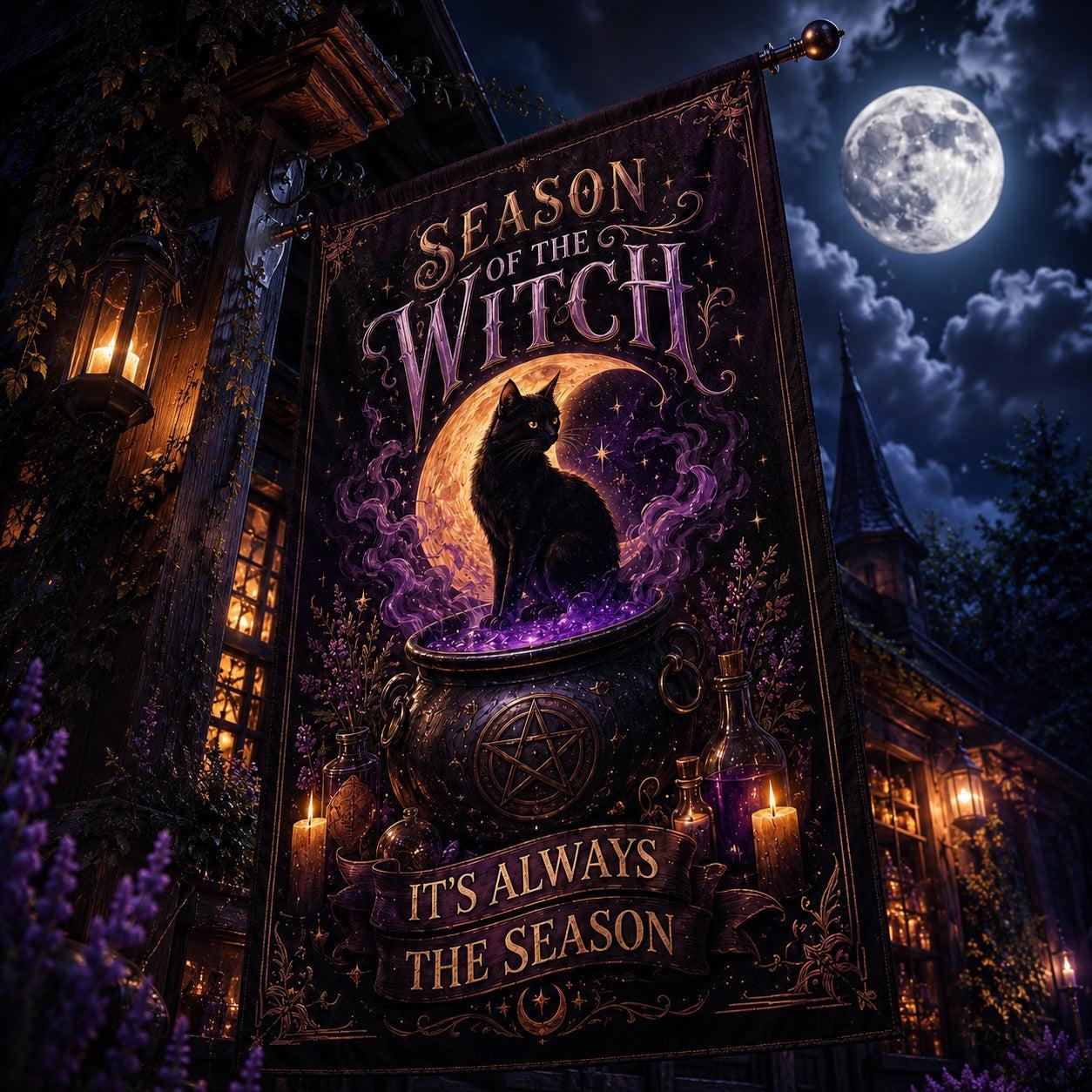 Season of the Witch house flag mockup hanging outdoors as year-round decor