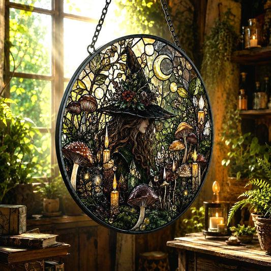 Secret Forest Witch Mushroom Moon Glass Suncatcher - close up detail