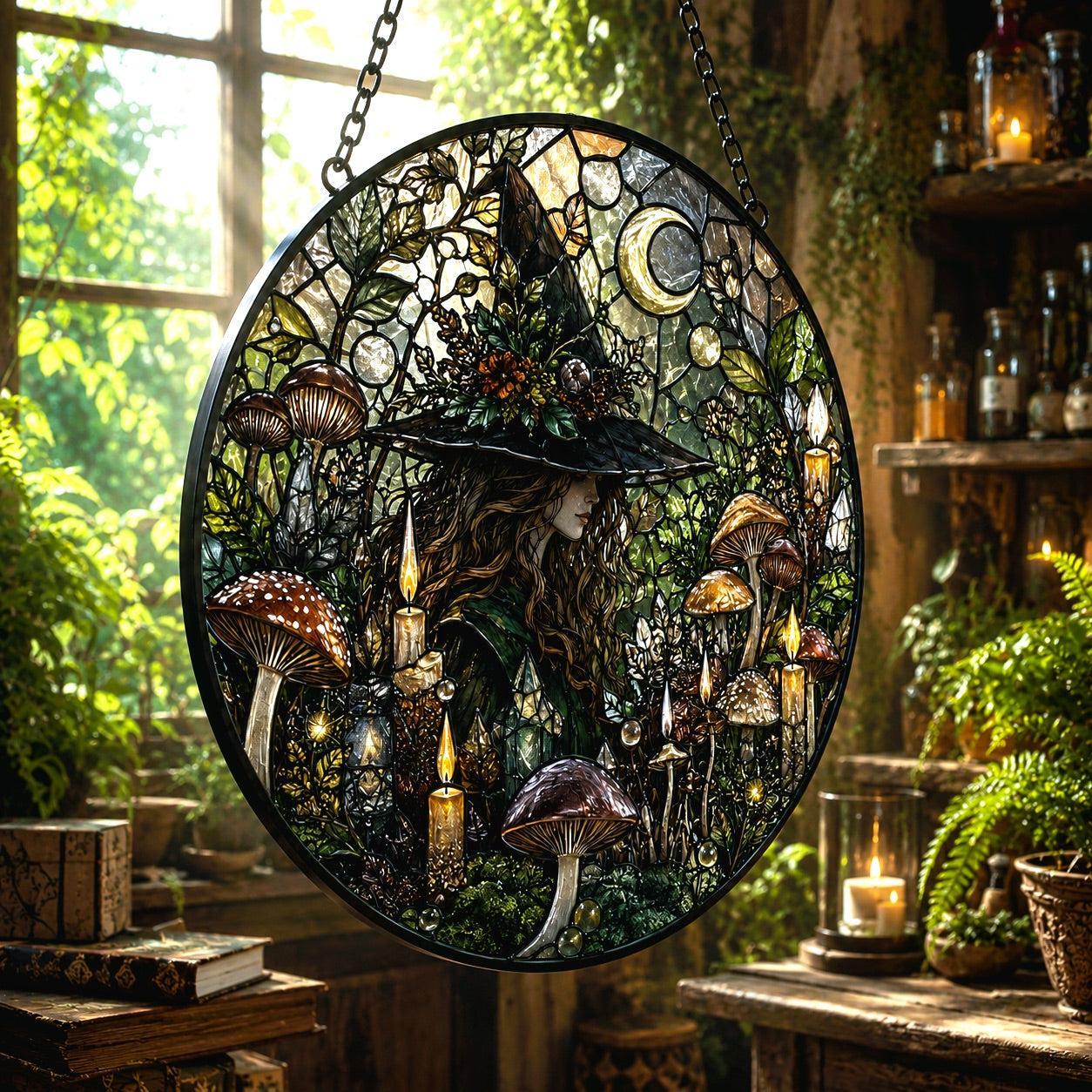 Secret Forest Witch Mushroom Moon Glass Suncatcher - hanging view