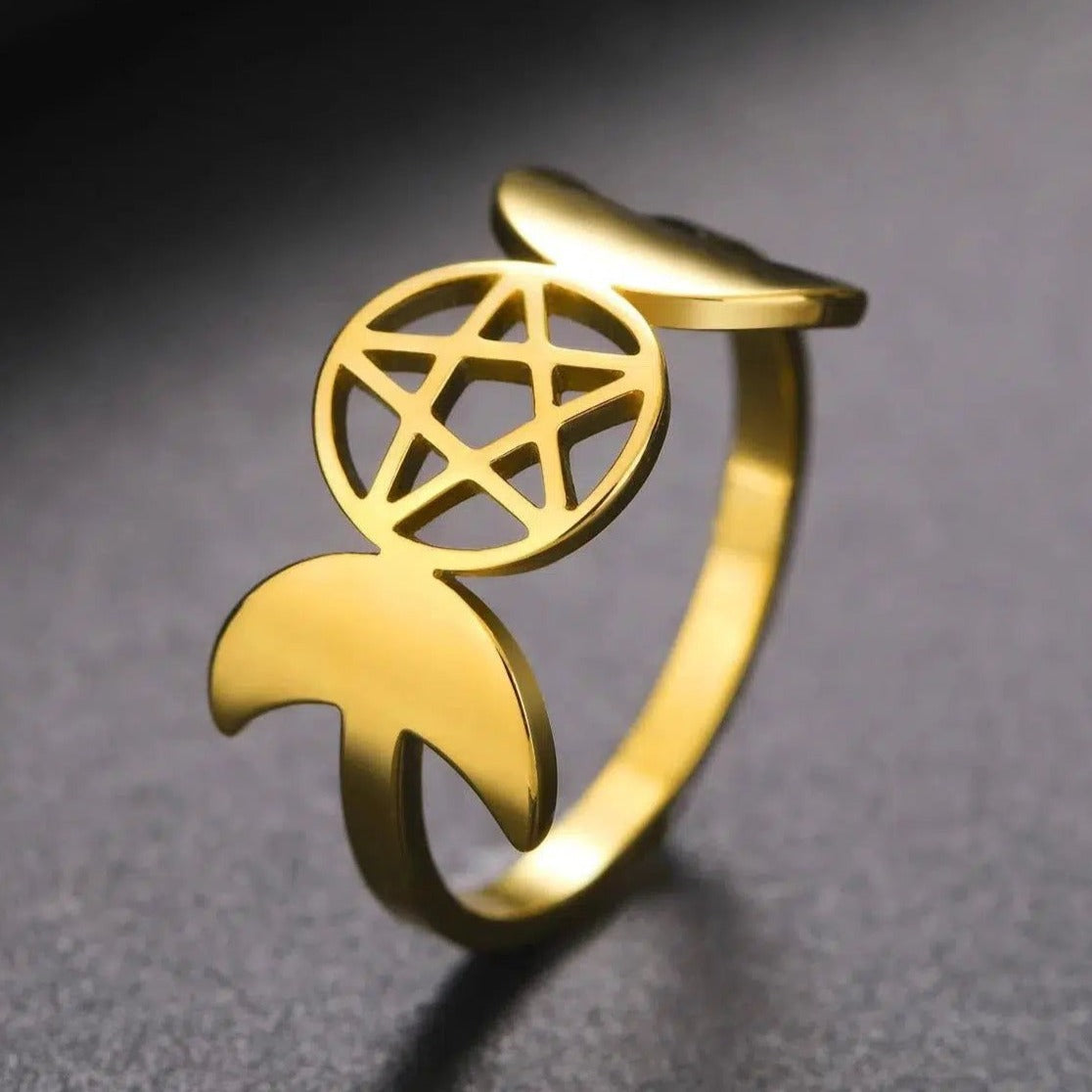 Pentacle Triple Moon Ring Wiccan Jewelry-MoonChildWorld