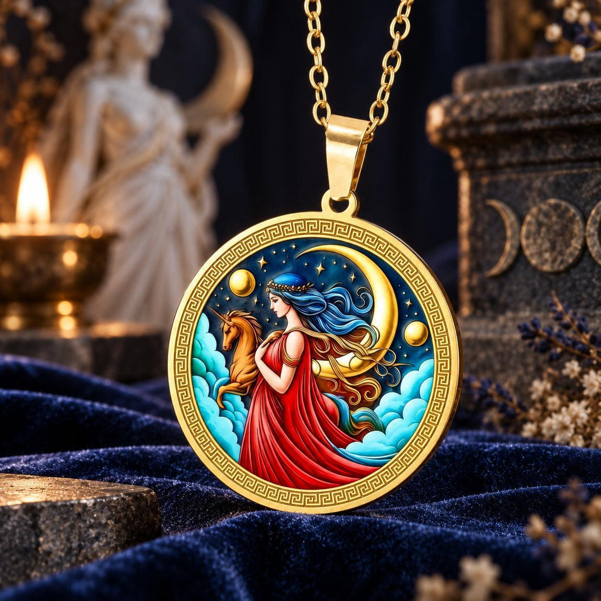Selene Moon Goddess Unicorn Necklace — ritual scene detail 2