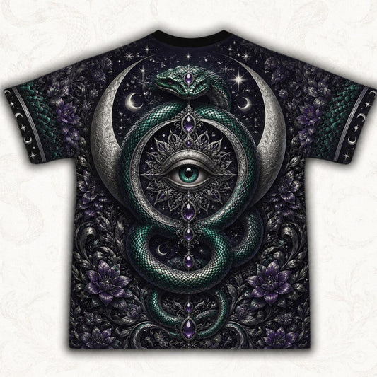Serpent Witch All Seeing Eye T-Shirt Teal Snake Crescent Tee back view