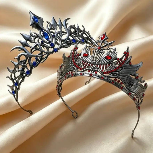 Set 2pcs Gorgeous Mysterious Blue & Red Rhinestone Crown Witchy Hair Accessories for Gothic Halloween-MoonChildWorld