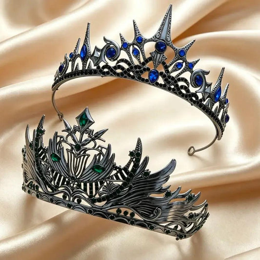 Set 2pcs Gorgeous Mysterious Rhinestone Crown Witchy Hair Accessories for Gothic Halloween-MoonChildWorld