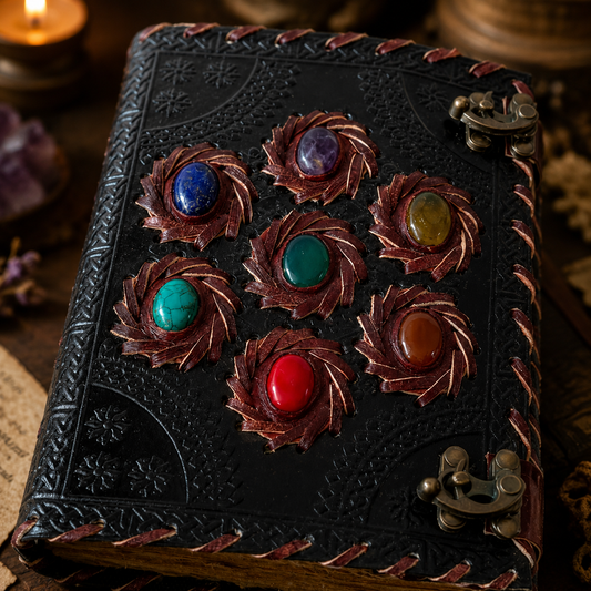 Seven chakra stone embossed leather journal – handmade book of shadows grimoire, Pagan writing gift, view 2