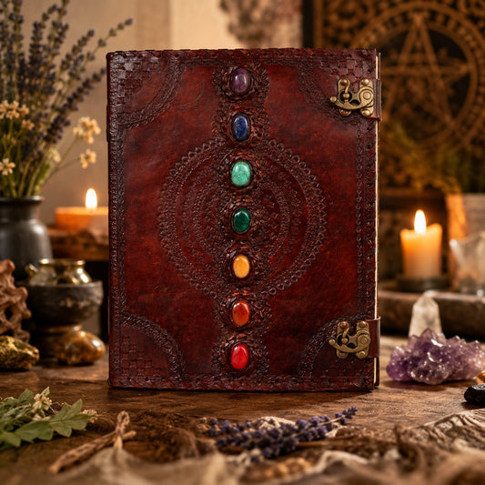 Seven Stone Chakra Leather Journal – Extra Large Handmade Book of Shadows – leather journal, back cover view