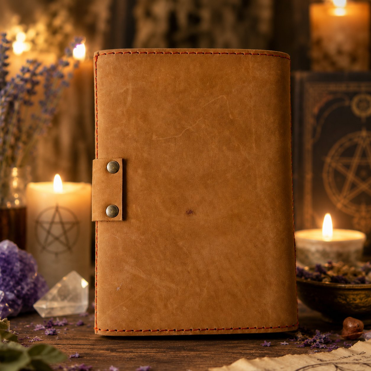 Seven Stone Soft Leather Journal – Handmade Pagan Grimoire Book of Shadows – leather journal, close-up cover detail