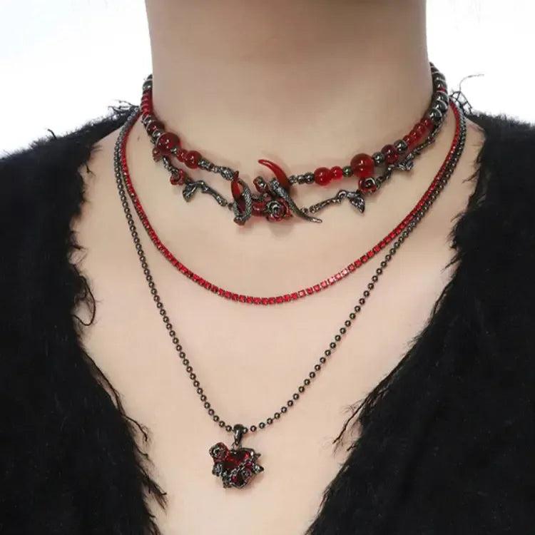 Red Crystal Heart and Snake Moon Gothic Choker Witchy Necklace-MoonChildWorld