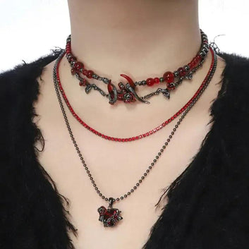 Red Crystal Heart and Snake Moon Gothic Choker Witchy Necklace-MoonChildWorld