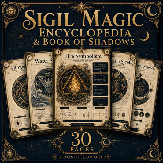 Aged parchment pages featuring intricate occult sigils, geometric symbols, and celestial illustrations in a 30-page grimoire.
