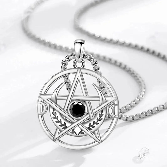 Silver Pentagram Necklace Black Zircon Triple Moon Pentacle Necklace Wiccan Pagan Jewelry-MoonChildWorld