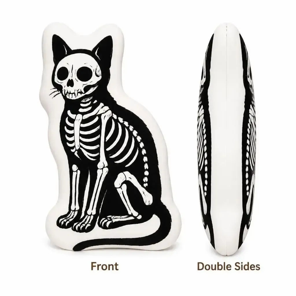 Front and side profile: decorative plush pillow featuring skeletal cat illustration