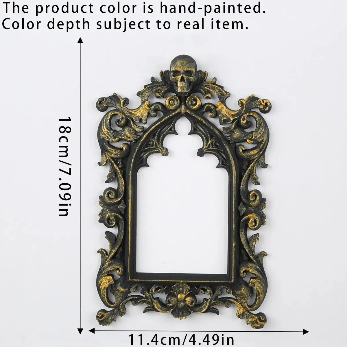 Skull carved photo frame – witchy gothic home decor styled on wall