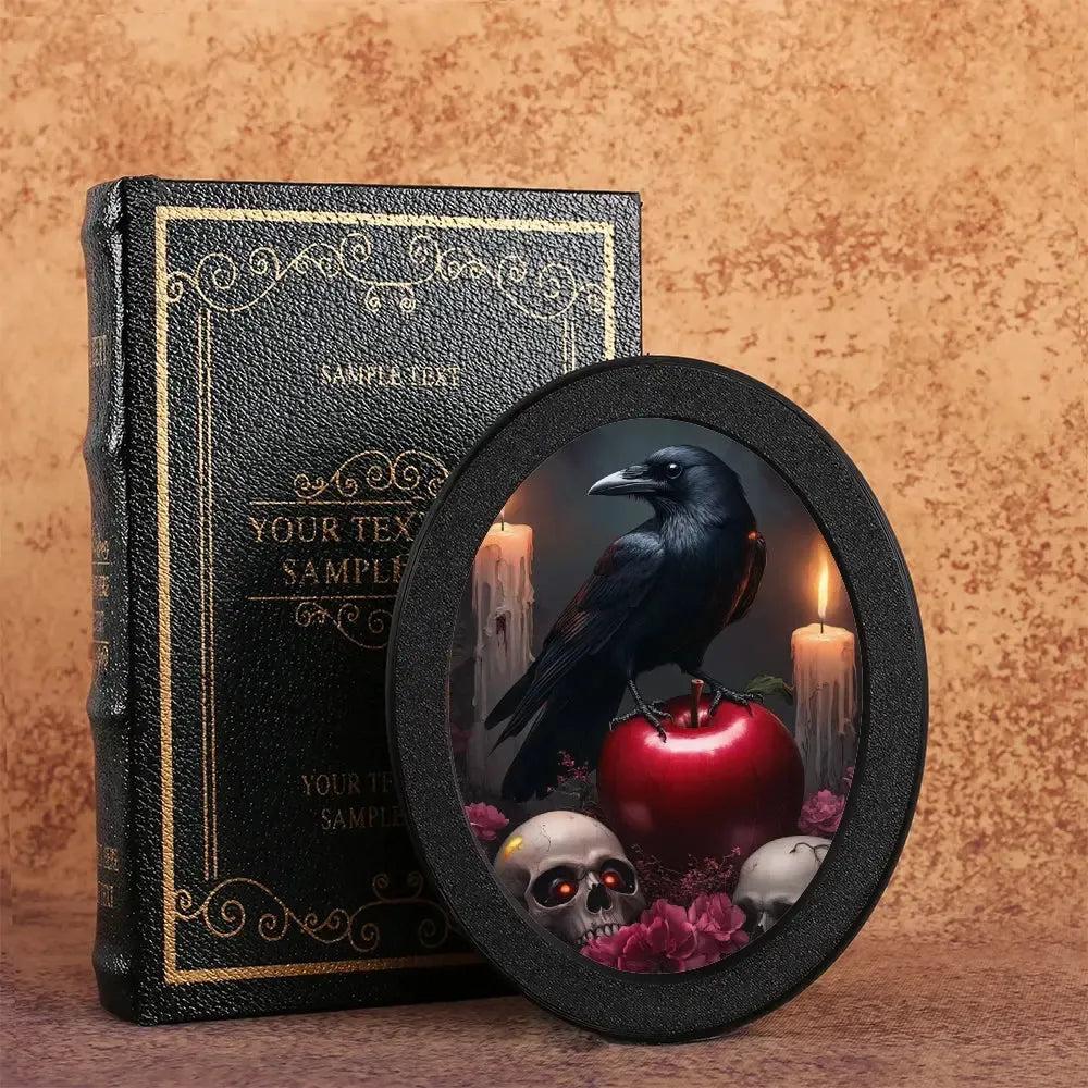 Skull & Red Apple Black Crow Retro Wall Art - Gothic Raven Wooden Oval Frame Halloween Wall Decor-MoonChildWorld