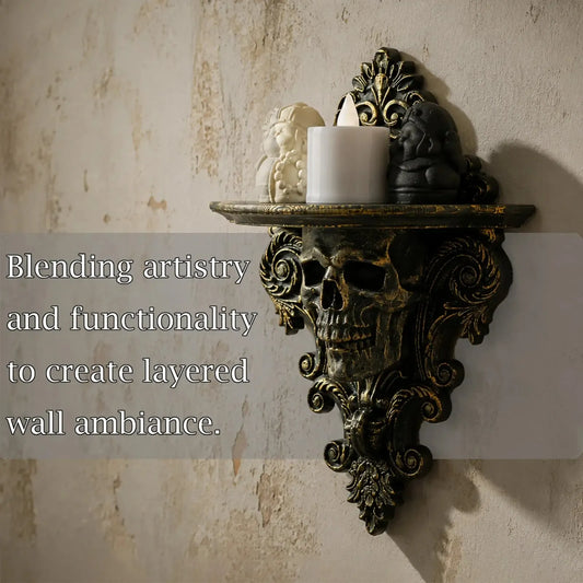 Gothic skull floating shelf – wall mounted display side view