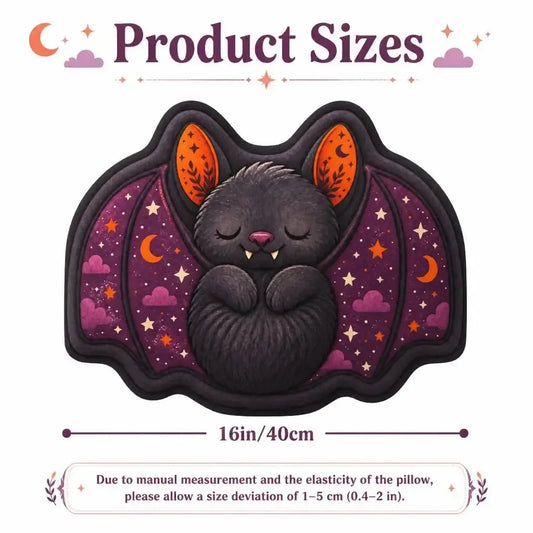 Size guide for sleeping bat plush pillow, showing 16 inches / 40 cm