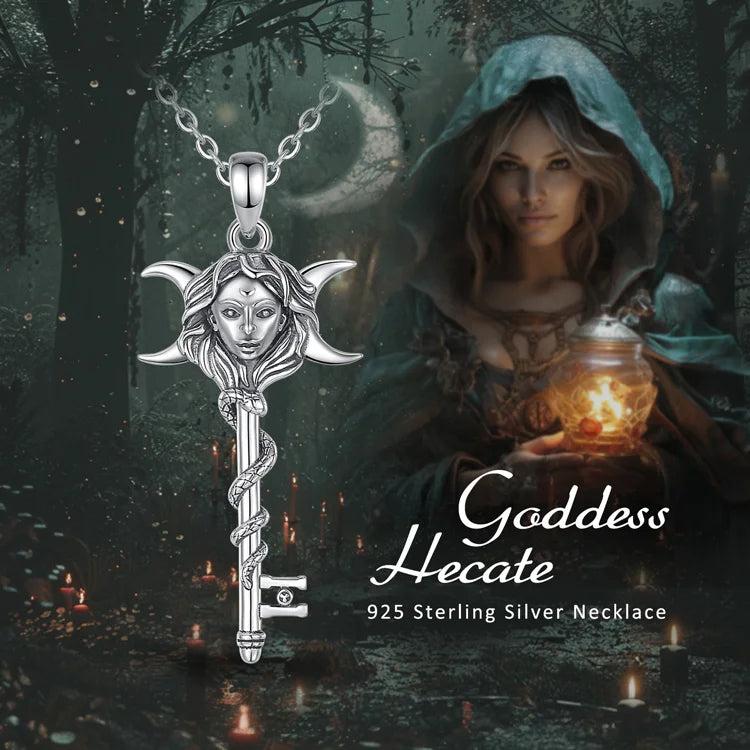 Snake Key 925 Sterling Silver Hecate Goddess Necklace - Wicca Triple Moon Goddess Necklace Witch Jewelry-MoonChildWorld