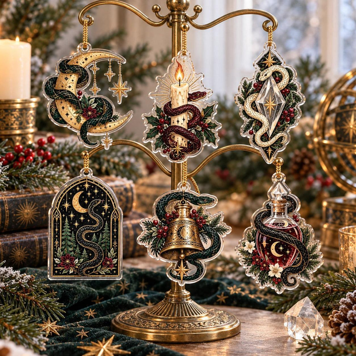 Snake Moon Gothic Acrylic Ornament Set – Witchy Solstice Yule Decor – set of 6, another view