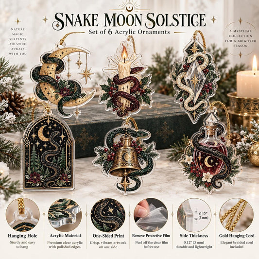 Snake Moon Gothic Acrylic Ornament Set – Witchy Solstice Yule Decor – ornament size and details