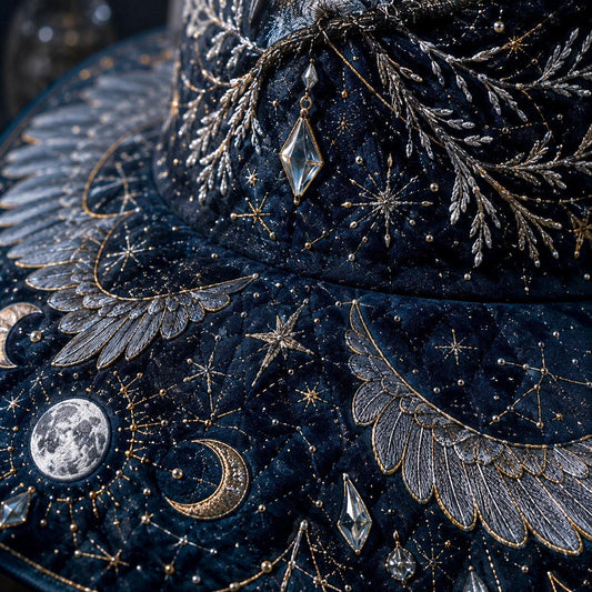 Snow Owl Witch Hat โ Winter Celestial Ice Crystal Brim Hat โ styled with candles and crystals