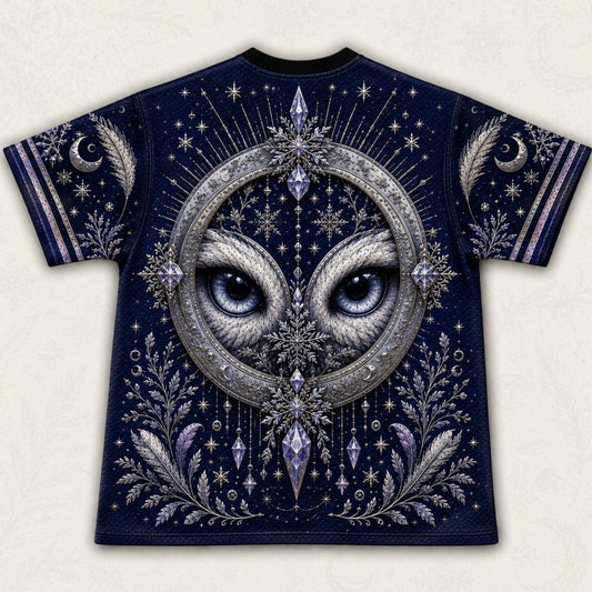 Snowy Owl Crescent Moon T-Shirt Ice Crystal Winter Blue Tee back view