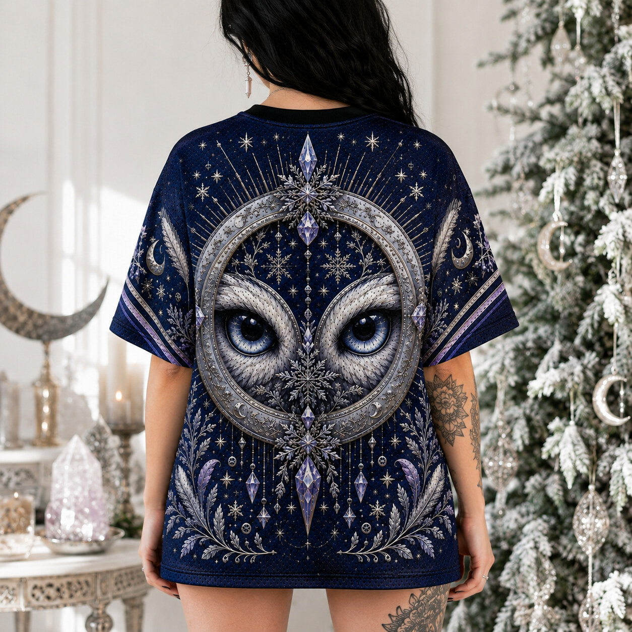Snowy Owl Crescent Moon T-Shirt Ice Crystal Winter Blue Tee worn, back view