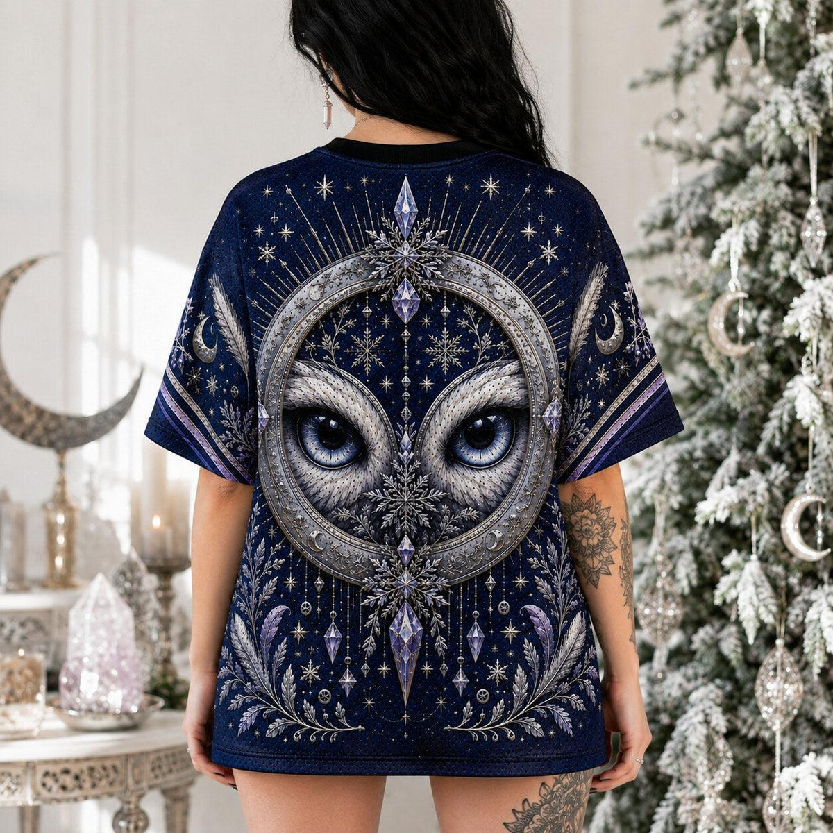 Snowy Owl Crescent Moon T-Shirt Ice Crystal Winter Blue Tee worn, back view