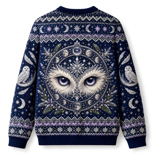 Snowy Owl Sweater Ice Crystal Crescent Moon Winter Knit back view