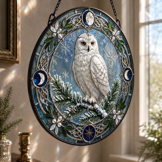 Snowy Owl Yule Glass Suncatcher - hanging view