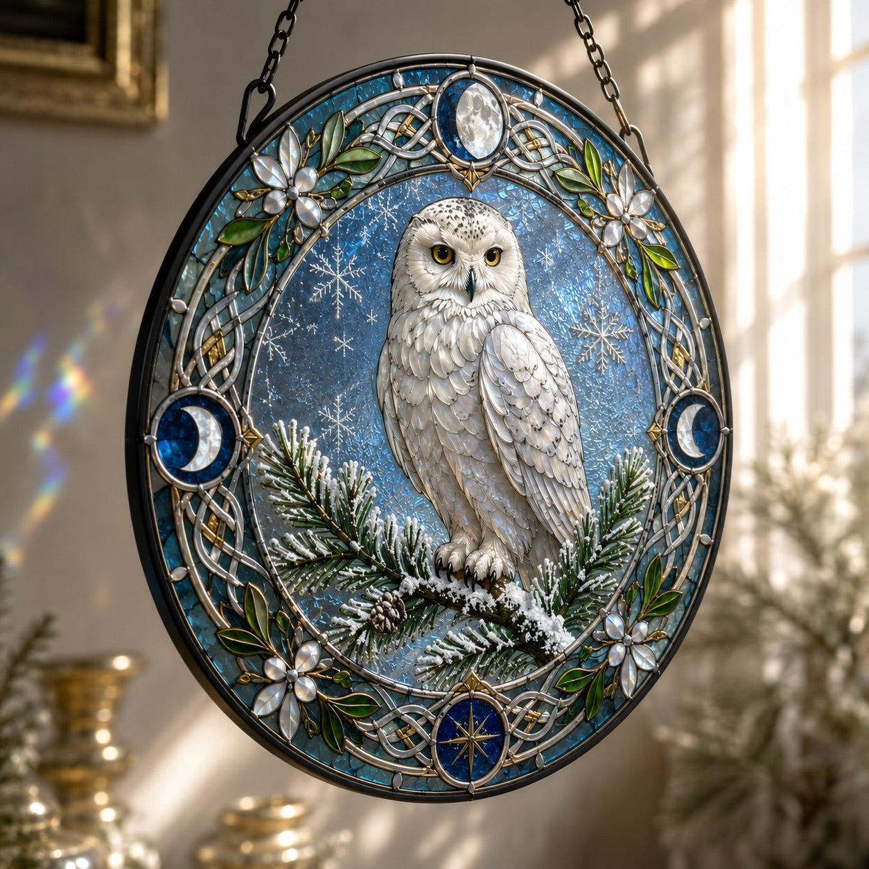 Snowy Owl Yule Glass Suncatcher - close up detail
