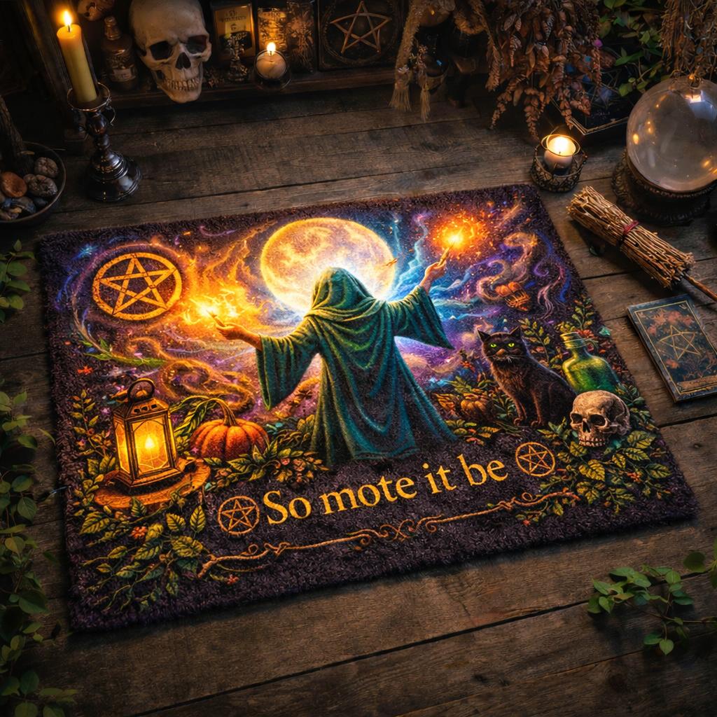 Wiccan doormat with a robed figure, full moon, black cat, pumpkins, and "So mote it be" text.