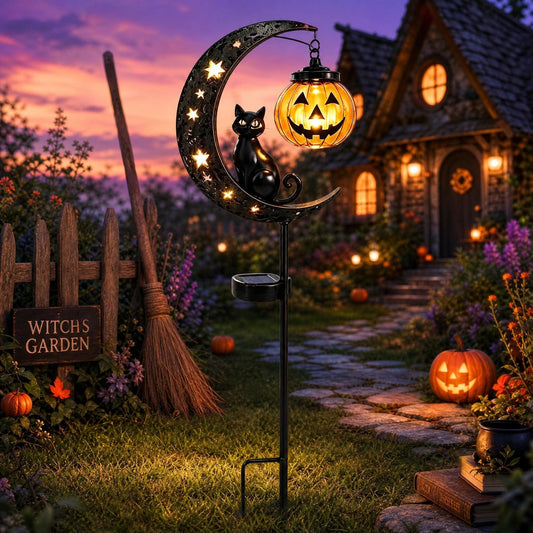 Black cat pumpkin moon solar garden stake light glowing in witch's garden at dusk