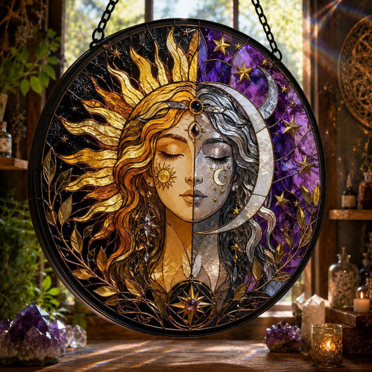 Solar Lunar Goddess Glass Suncatcher - hanging view