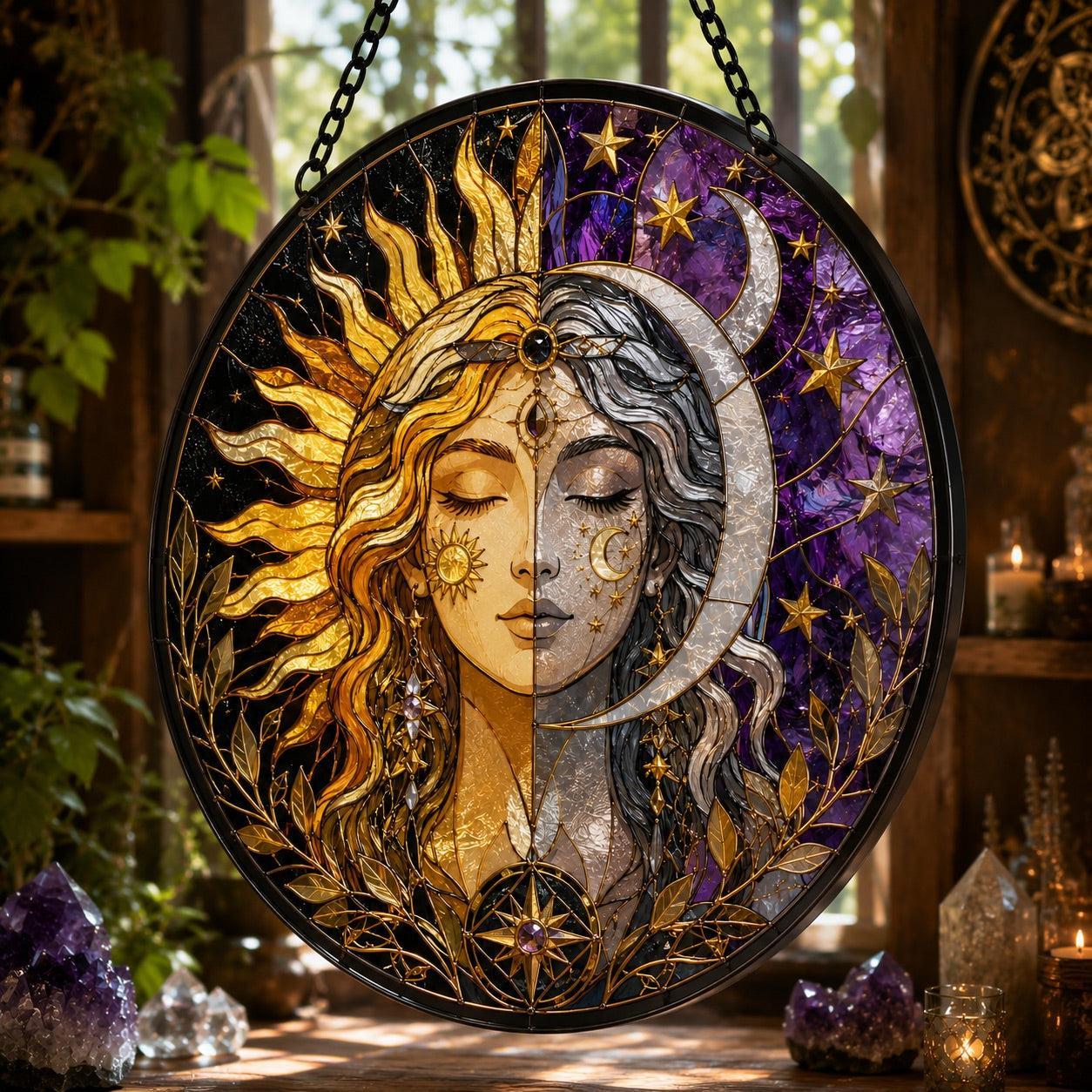 Solar Lunar Goddess Glass Suncatcher - close up detail