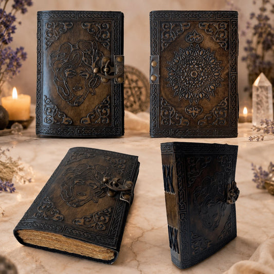 Soul of Snake Medusa Goddess Leather Journal – Handmade Witch Grimoire Book of Shadows – leather journal, back cover view